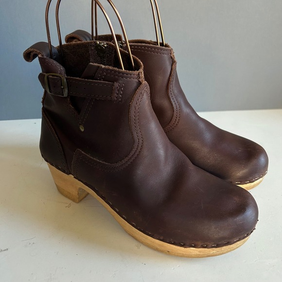 No 6 clog ankle boots size 8 / 38 brown Moto Leather Wood Heel Buckle Swedish - Picture 12 of 14